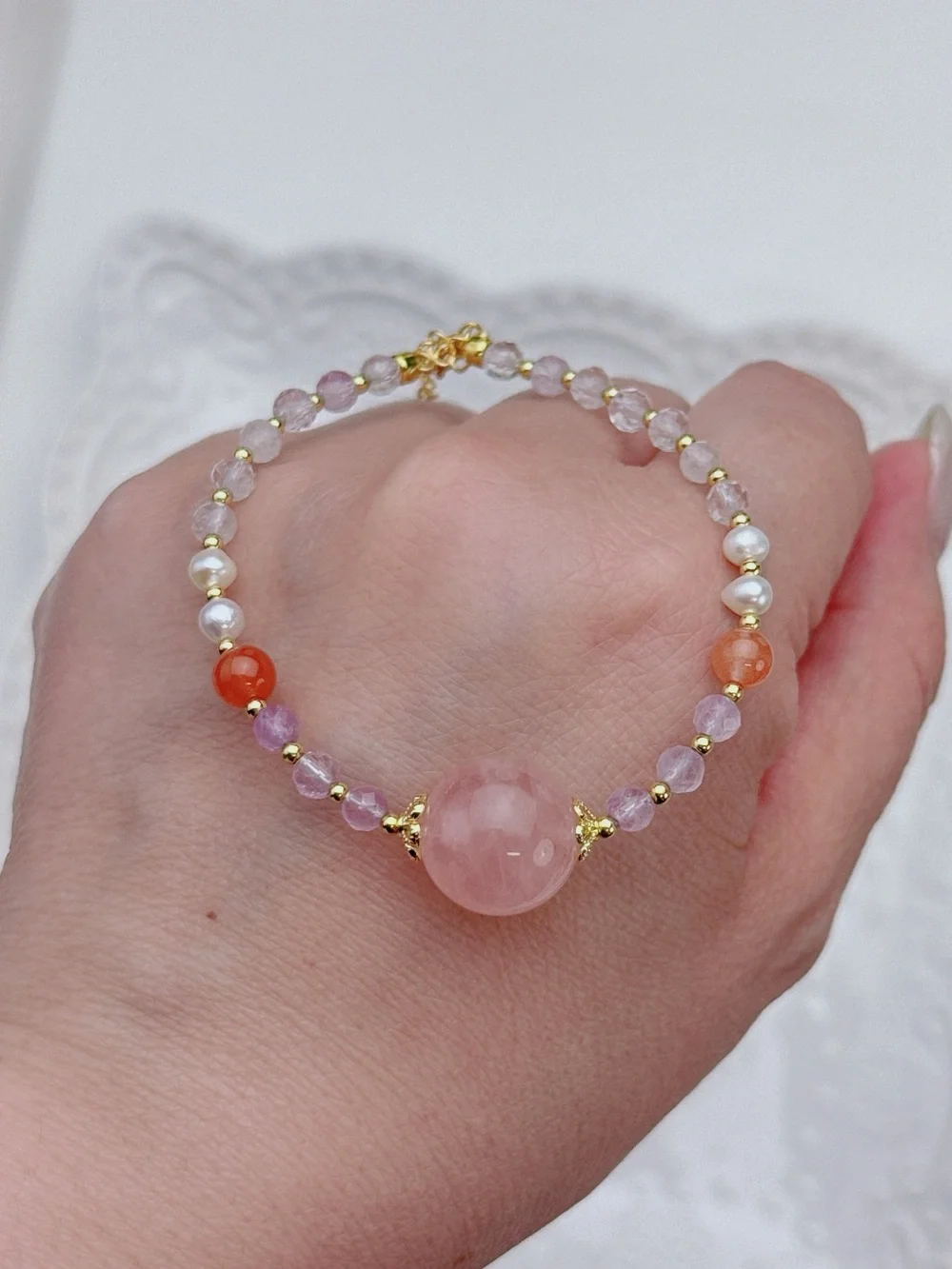 Handmade Rose Quartz Amethyst Freshwater Pearl Bracelet 6+2” GB93